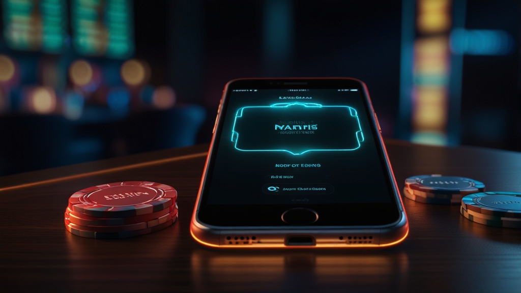 Smartphone displaying a casino login form on a dark table with neon lighting