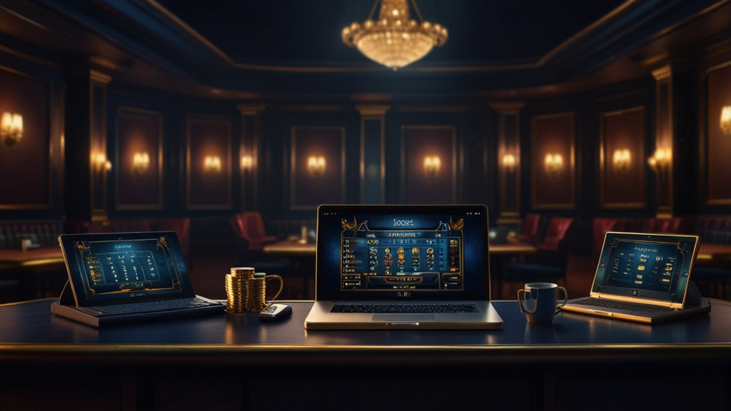 Laptop and phone showing a secure casino registration form in a dark casino scene