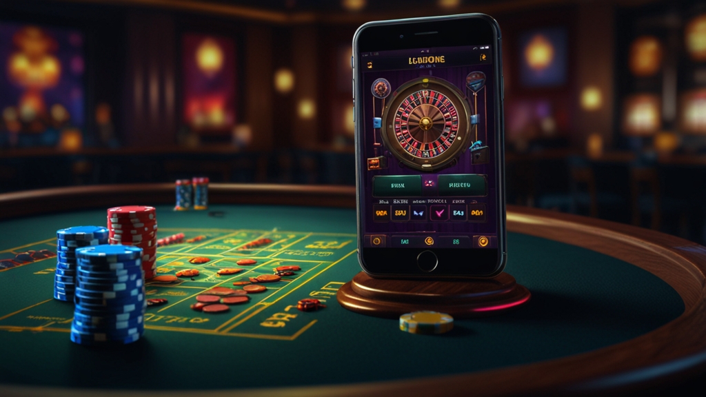 Smartphone showing a loading issue and troubleshooting symbols in a casino setting