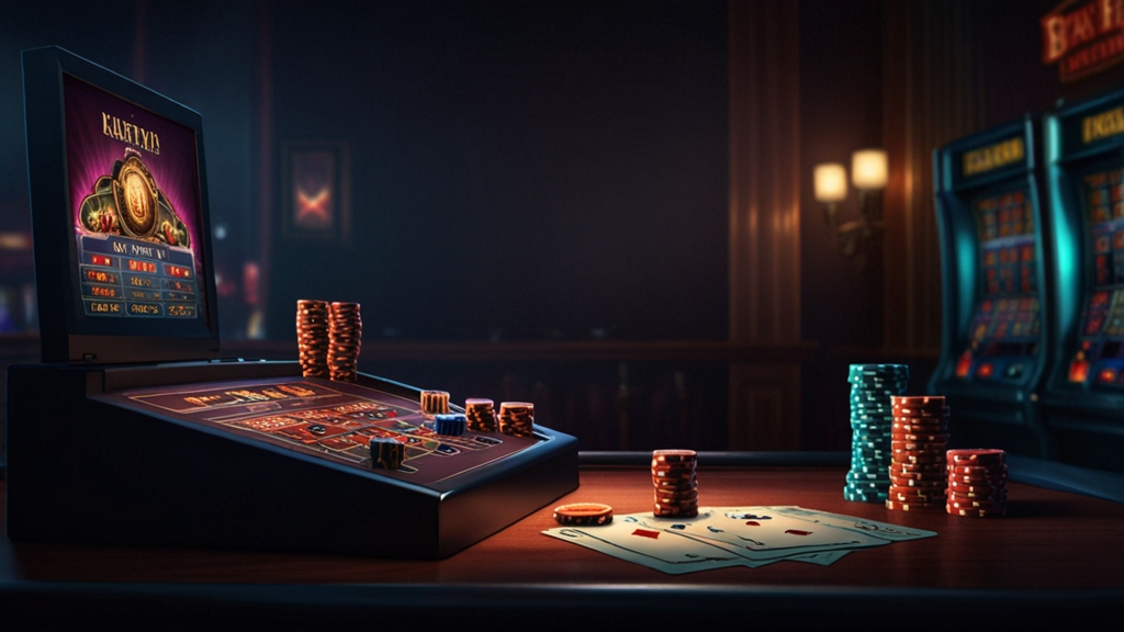 Casino payout verification screen with documents and approval icons in a dark room